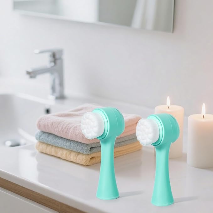 Face Brush 2 in 1, Facial Cleansing Exfoliating Scrubber Brush, Silicone Double Side Manual Face Wash Scrub Brush with Soft Fiber for Deep Pore Cleansing, Massaging, Skin Care,Green