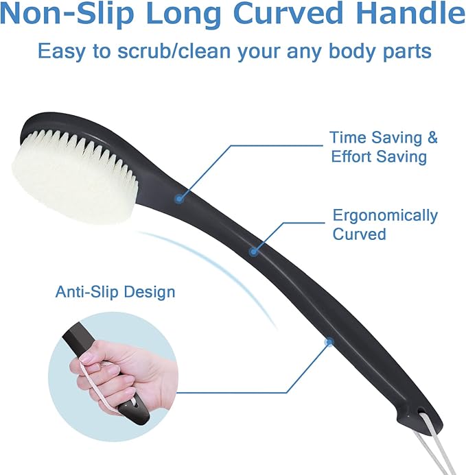 Back Brush Long Handle for Shower, Soft Bristle Back Scrubber for Shower, Ergonomics Curved Long Handle Bath Brush Exfoliating Body Scrubber with Hook and Lanyard-Black