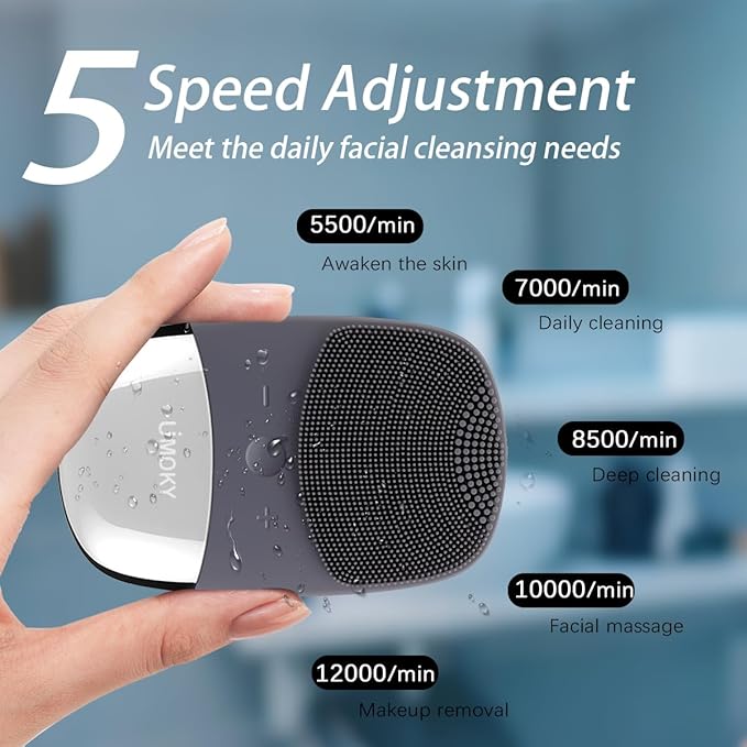 Facial Cleansing Brush, 3-in-1 Electric Silicone Face Scrubber, Vibrating Massager, IPX7 Waterproof, USB Rechargeble Pore Brush for Deep Cleanning, Blackhead Remover, Exfoliating (Gray)