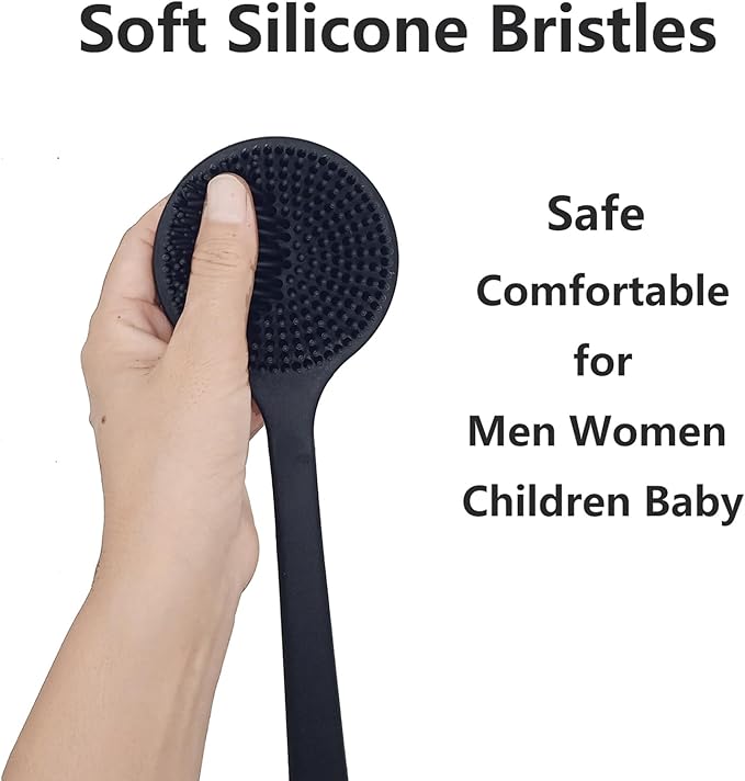 Back Scrubber for Shower, Soft Silicone Back Shower Brush Bath Body Scrubber with Long Handle for Men Women (Black)