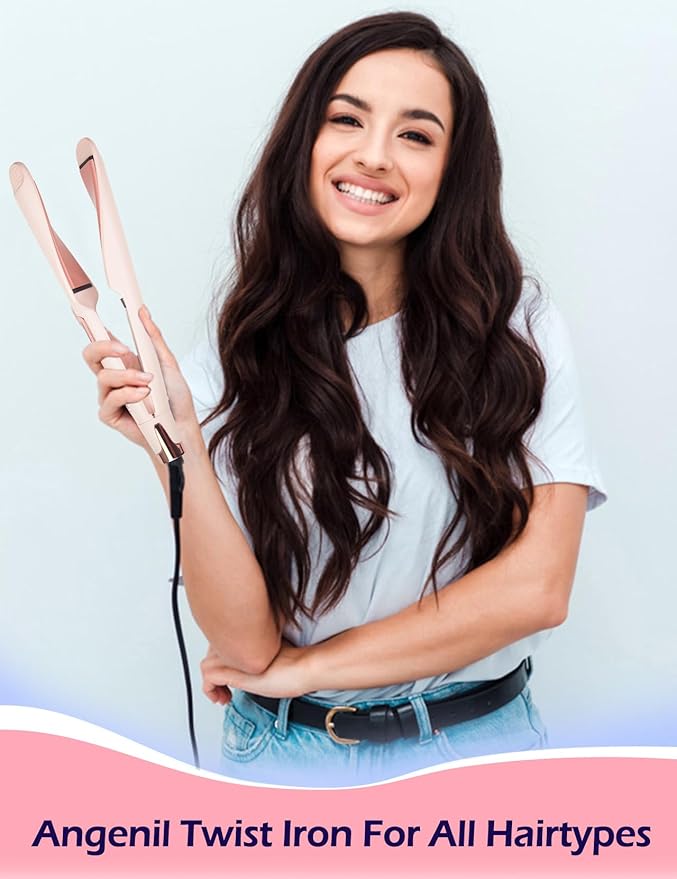 ANGENIL Pro Twist Flat Iron Hair Straightener, 2 in 1 Straightener and Curling Iron for Women, Round Pink Dual Voltage Hair Straightener with Silicone Heat Resistant Mat, 30s Fast Heating, LCD Display