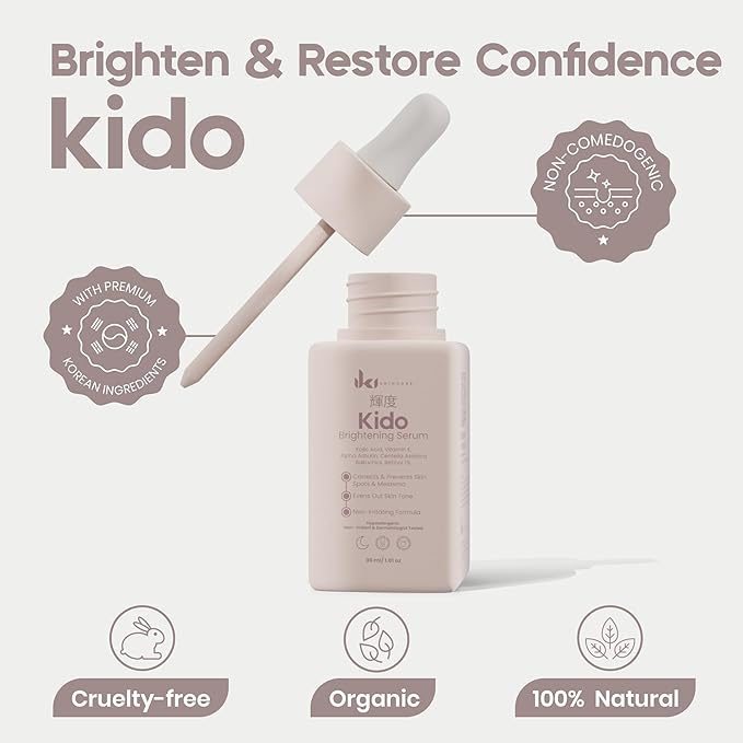 IKI Kido Brightening Serum - Reduces Dark Spots, Evens Skin Tone, Hydrates Deeply, Non-Irritating Formula, Kojic Acid, Alpha Arbutin, Retinol Serum for Face, Centella Asiatica, & Vitamin E