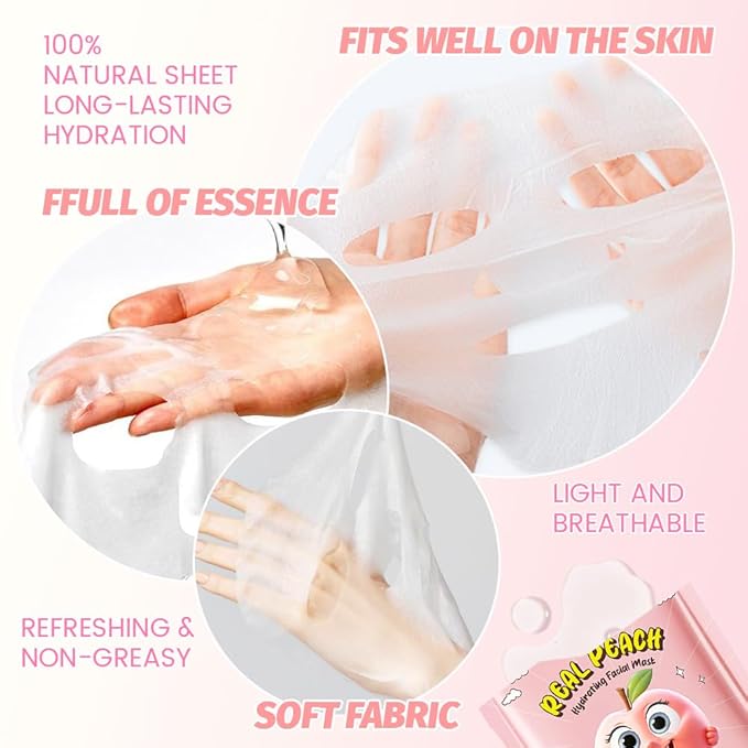 8 PCS Real Hydrating Nature Face Masks Skincare, Hyaluronic Acid, Vitamin C and E, Chamomile, Korean Beauty Essence Facial Paper Sheet Mask for Skin Care Moisturizing (Peach)