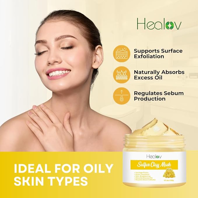 Sulfur Face Mask – All Natural Sulfur Facial Clay Mask – Glowing Skincare For Acne, Spots, Oily Skin – Sulfur Acne Cream Absorbs Excess Oil and Unclogs Pores – Kaolin Mask Treatment