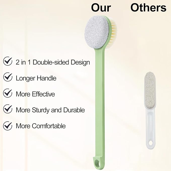 Pumice Stone for Feet and Shower Brush with Long Handle 14", Hard Skin Callus Remover, 2 in 1 Foot Scrubber Brush, Back Scrubber Body Brush for Shower Deep Cleansing and Exfoliating (Straight)