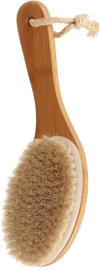 Curved Handle Dry Bath Body Brush Scrubber with Natural Bristles, 9.84 Inch Wood or Bamboo Handle Shower Brush for Detox, Exfoliating, Cellulite, etc. (White Horsehair Bamboo Handle)