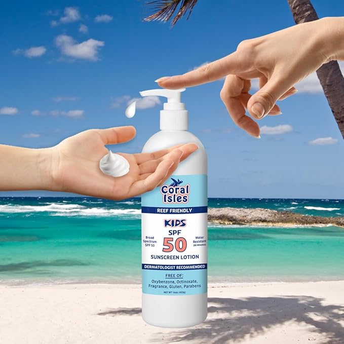 Coral Isles by Rocky Mountain Sunscreen | SPF 50 KIDS Lotion | Broad Spectrum UVA/UVB Protection | Hawaii Reef-Safe Act Compliant | Oxybenzone & Octinoxate Free | Water Resistant 80 Min. | 16 Fl Oz