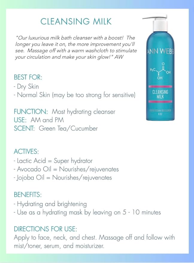 Facial Milk Cleanser - Gentle Daily Face Wash for All Skin Types. Thick, Hydrating, Moisturizing Cleanser w/Lactic Acid AHA Nourish & Rejuvenate 2oz