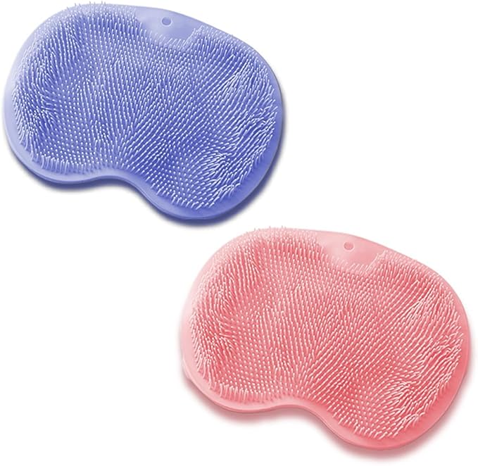 2 PCS Shower Foot & Back Scrubber Brush, Hands Free Wall Mounted Back Massager Mat with Non-Slip Suction Cups Deep Cleaning Foot Brush Exfoliating Silicone Massage Cleaner (Blue&Pink)