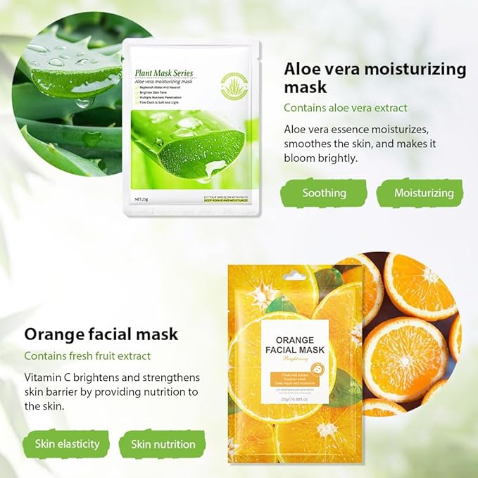 6 PCS Real Nature Hydrating Green Tea Honey Aloe Vera Face Mask skincare, Hyaluronic Acid, Vitamin C and E, Chamomile, Korean Beauty Essence Facial Paper Sheet Mask for SkinCare Moisturizing(Set01)