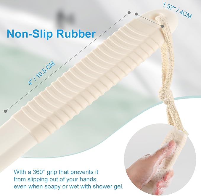 VANZAVANZU Back Scrubber for Shower, Bath Brush with 17-Inch Long Anti-Slip Handle, Wet and Dry Brushing Body Brush for Body Cleansing, Back Brush for Men and Women (Cream White)