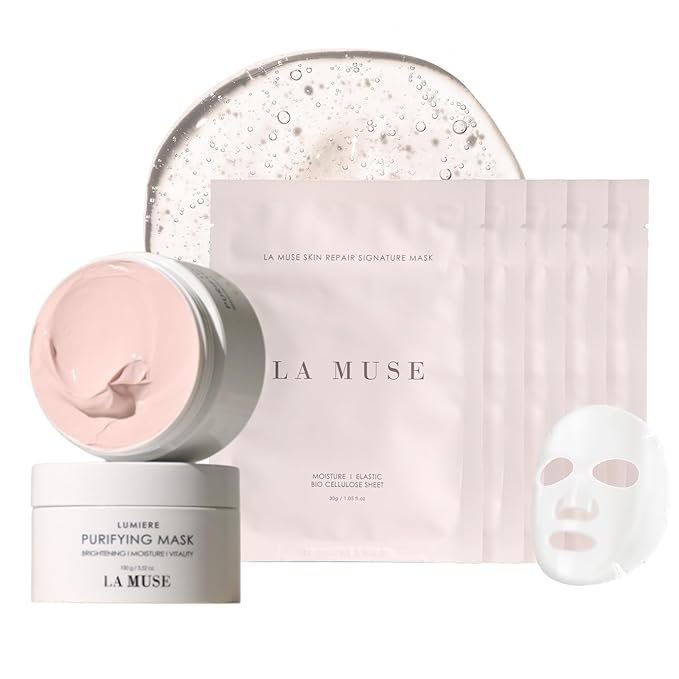 LA MUSE Radiant Glow Skin Duo | Premium Bio Cellulose Face Mask with Hydrating & Lifting Care(5 Pack) | Wash Off, Kaolin Clay Mask with Pink Berry Complex for Pore Care & Instant Gleaming(3.52 oz)