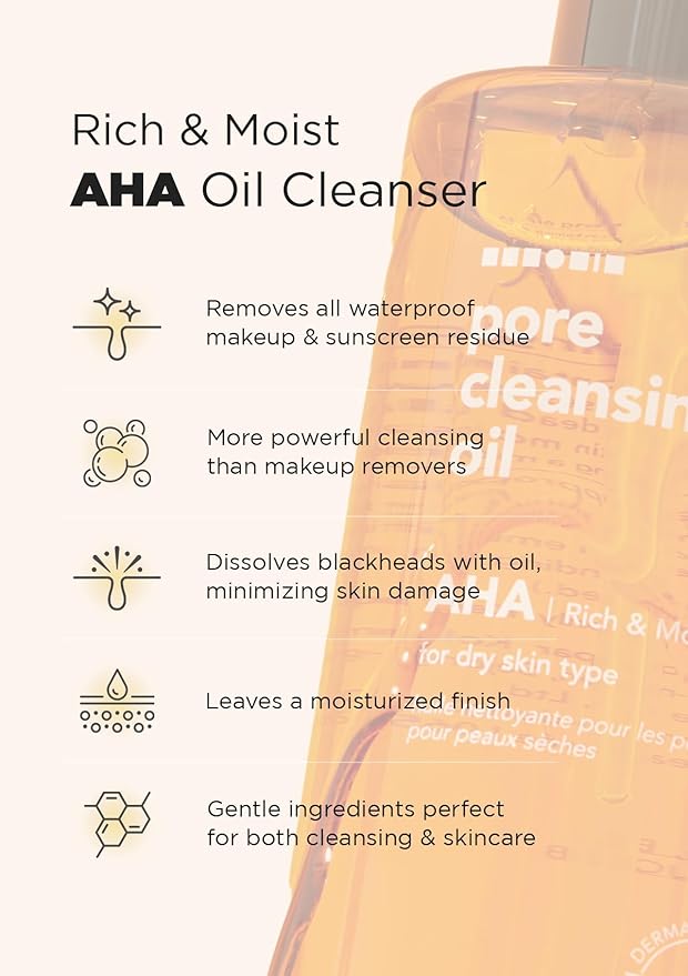 Hanskin AHA Pore Cleansing Oil for Dry Skin, Exfoliating, Waterproof Makeup Sebum Remover Facial Oil Cleanser for Face, Moisturizing for Soft Skin, Korean Skincare [AHA/10.14 oz.]