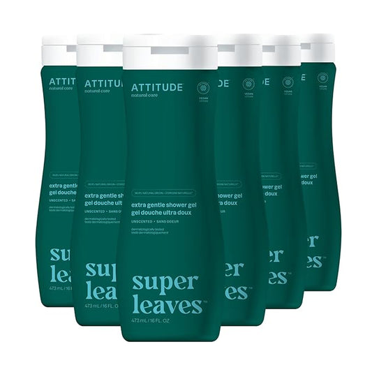 ATTITUDE Body Wash, EWG Verified Shower Gel, Dermatologically Tested, Plant and Mineral-Based, Vegan Personal Care Products, Extra Gentle, Unscented, 16 Fl Oz (Pack of 6)