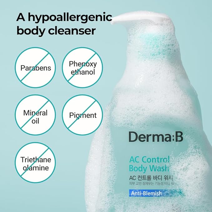 Derma B AC Control Body Wash 420ml,14.2 Fl.oz, Anti-Blemish & Pimples Care, Hypoallergenic Body Cleanser, Trouble Solution for All Skin Types, Soothing & Refreshing Shower Gel, Korean Skincare