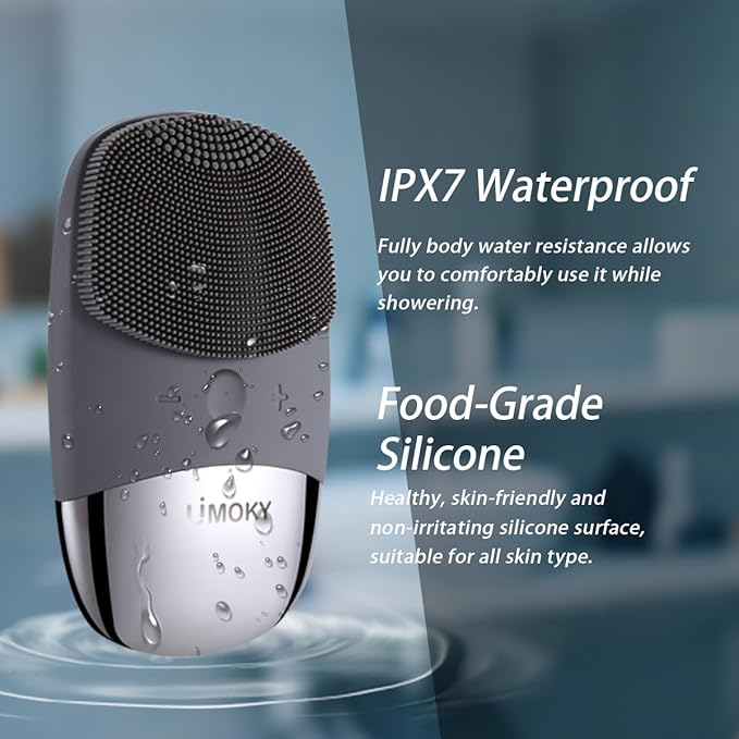 Facial Cleansing Brush, 3-in-1 Electric Silicone Face Scrubber, Vibrating Massager, IPX7 Waterproof, USB Rechargeble Pore Brush for Deep Cleanning, Blackhead Remover, Exfoliating (Gray)