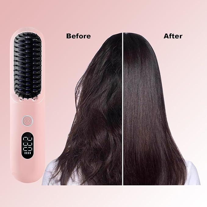OUEST Cordless Hair Straightener Brush, Portable Mini Straightener Flat Iron, Ceramic Hot Comb with Negative Ions for Women, Lightweight Heated Hair Brush for Travel, Pink