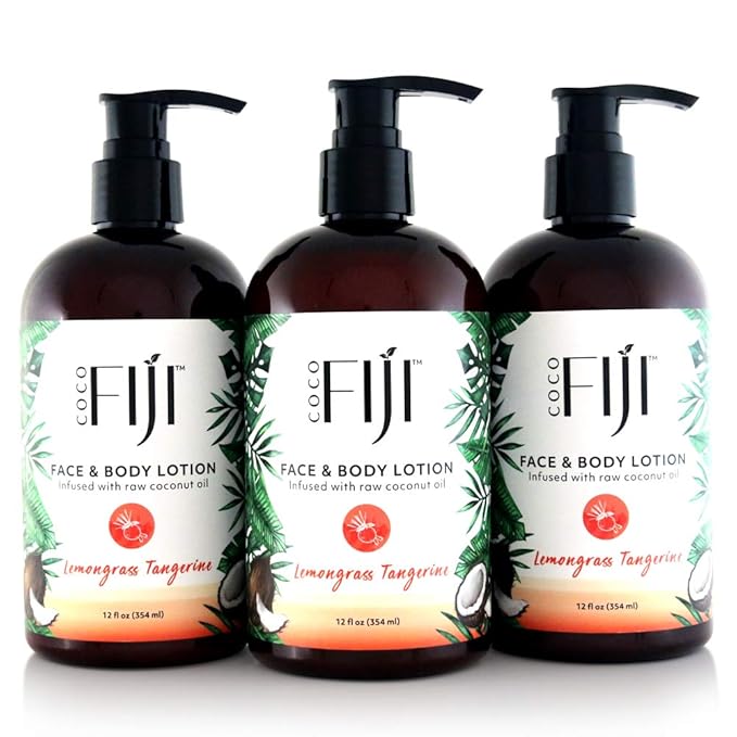 Coco Fiji Face & Body Lotion Infused With Coconut Oil | Lotion for Dry Skin | Moisturizer Face Cream & Massage Lotion for Women & Men | Lemongrass Tangerine 12 oz, Pack of 3