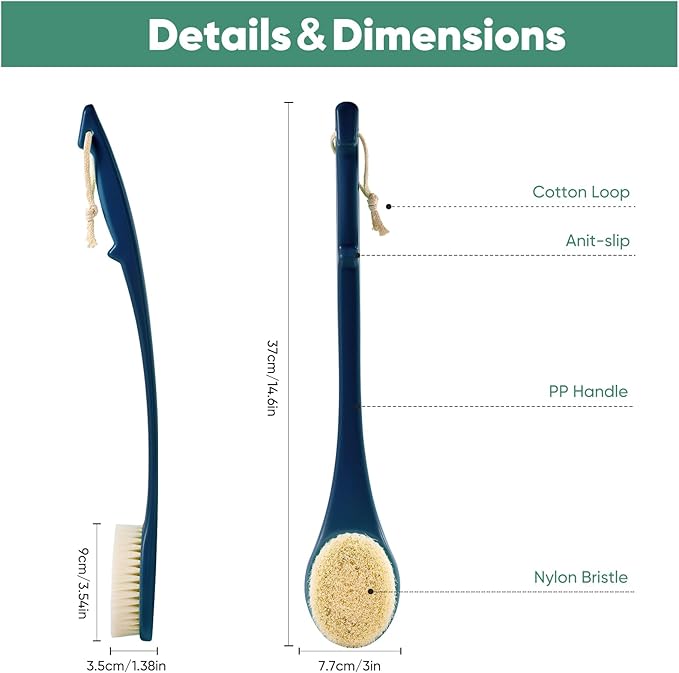 Back Scrubber for Shower, 17-Inch Shower Brush for Men and Women, Long Handle Exfoliating Body Brush, Medium Bristle Stiffness for Dry or Wet Brushing (Navy Blue)