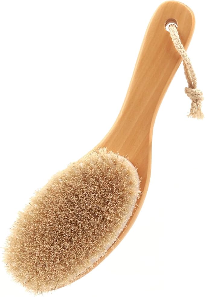 Curved Handle Dry Bath Body Brush Scrubber with Natural Bristles, 9.84 Inch Wood or Bamboo Handle Shower Brush for Detox, Exfoliating, Cellulite, etc. (White Horsehair Wood Handle)