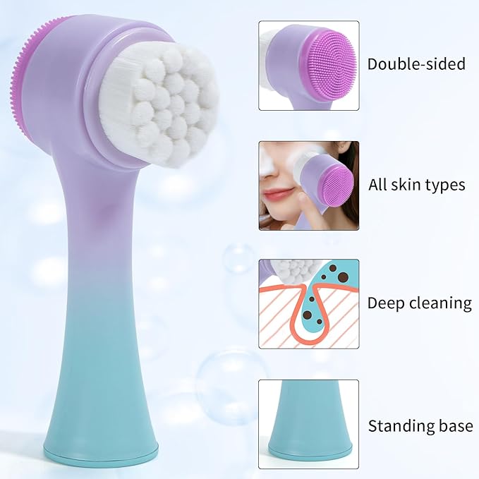 Face Brush 2 in 1, Silicone Facial Cleansing Exfoliating Brush Soft Bristles Pore Deep Cleansing Manual Dual Face Wash Scrub Brush For Massaging, Makeup Skincare Removal, Gradient Purple