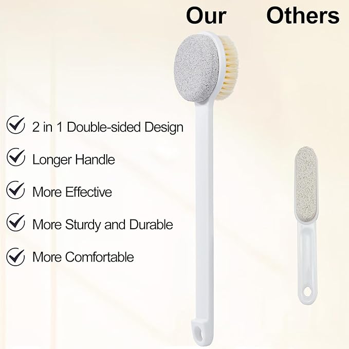 2 Pcs Pumice Stone for Feet and Body Brush with Long Handle, Hard Skin Callus Remover, 2 in 1 Foot Scrubber, Back Scrubber for Shower Deep Cleansing and Exfoliating (Straight)