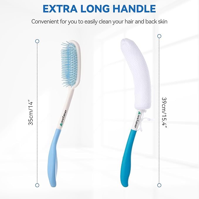 Toilet Aids Set for Wiping - Long Handle Butt Wiper, Anti-Slip Curved Handle Bath Body Brush and Curve Hair Brush for People Overweight, Elderly and Disabled People（3PCS Personal Hygiene Kit)