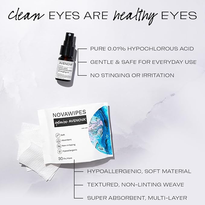 Avenova Eyelid and Eyelash Cleanser Spray & Wipe Kit - Kit with Gentle Cleansing Hypochlorous Acid Spray & 30 Dry Eyelid Wipes for Eye Irritation