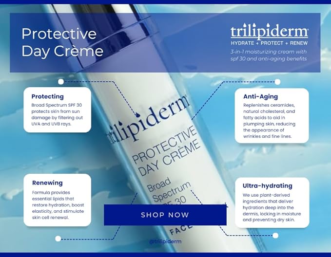 Trilipiderm Protective Day Crème, Broad Spectrum SPF 30 – Lightweight, Fast-Absorbing Moisturizing Sunscreen Protects while helps boost collagen and fight free radical damage