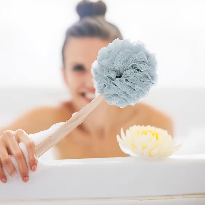 8 Pack Large Bath Puff Loofah Sponge with Long Handle Shower Loofah, Bath Body Back Brush