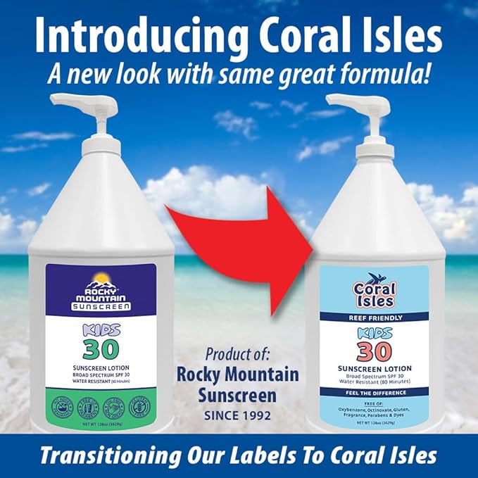 Rocky Mountain Sunscreen | KIDS SPF 30 Lotion -Broad Spectrum UVA/UVB Protection | Hawaii 104 Reef Act Compliant (Oxybenzone & Octinoxate Free) | Water Resistant 80 Min. | Gallon with Pump (128 Fl Oz)