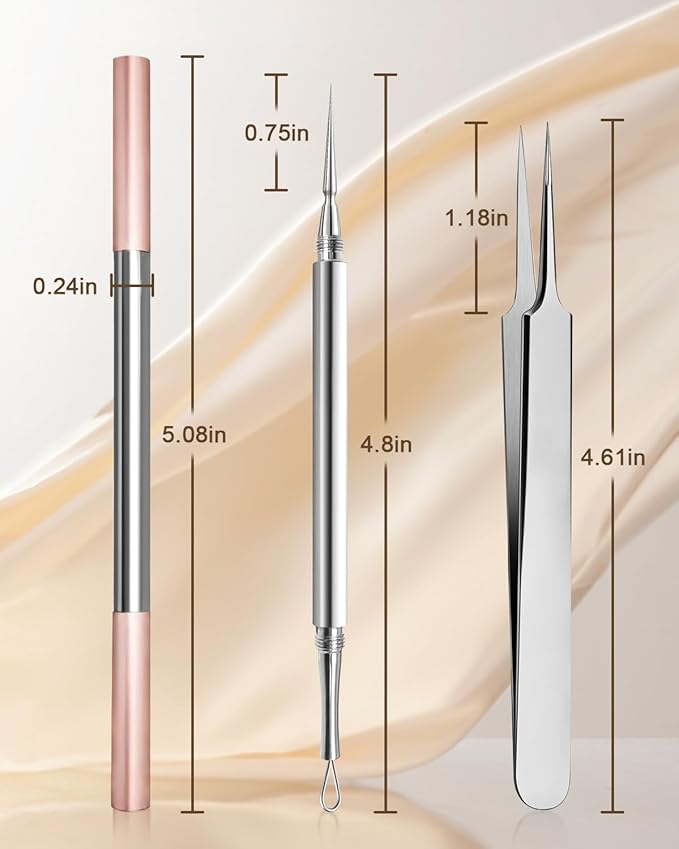 SGNEKOO Milia Remover Whitehead Extractor, Blackhead Tweezers with Angled Loop & Acne Needle Rose Gold in Case,Professional Facial Tool Kit