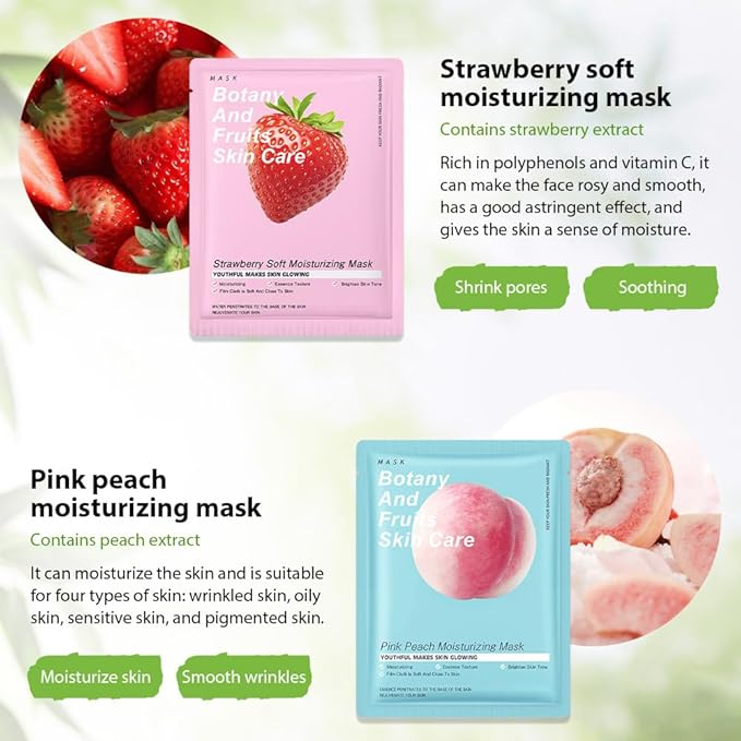 6 PCS Real Nature Hydrating Strawberry Cherry Peach Face Mask skincare, Hyaluronic Acid, Vitamin C and E, Chamomile, Korean Beauty Essence Facial Paper Sheet Mask for Skin Care Moisturizing