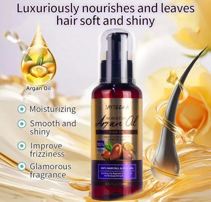 Moroccan Argan Oil Hair Treatment, Organic Moisturizing Oil for All Hair Types, Anti-Hair Fall and Renewal Formula, 3.51 fl oz