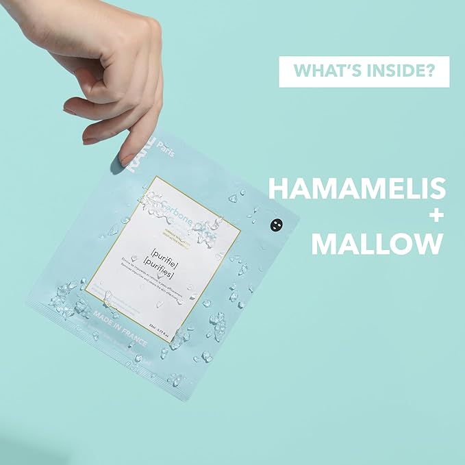 RARE Paris - Carbone Glacé - Purifying Carbon Black Facial Sheet Mask - Cleanses & Tightens - With Hamamelis & Mallow - Purifying, Firming & Revitalizing - Multi-Active Serum Formula - 5 Pack