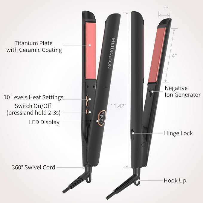 Flat Iron Hair Straightener and Curler 2 in 1, Professional 3D Floating Ceramic Plates with Travel Dual Voltage, Negative Ion, LED Display & Auto Shut-Off for Smooth, Shiny, Frizz-Free Hair