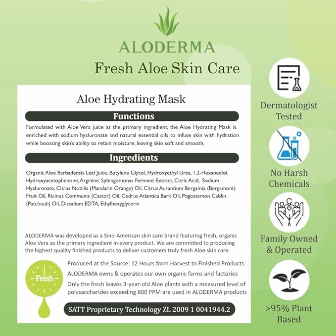 Aloderma Hydrating Sheet Face Masks with 87% Organic Aloe Vera - 5 pack Moisturizing Facial Masks with Hyaluronic Acid & Bergamot Oil for Nourished, Radiant Skin - Aloe Vera Natural Skincare