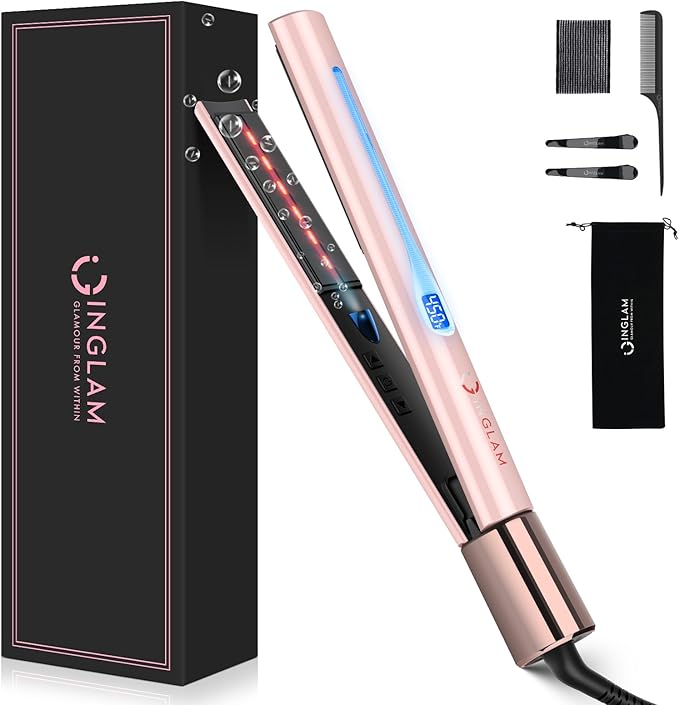 IG INGLAM Titanium Flat Iron Hair Straightener, Infrared Curling Iron 1 Inch, Negative Ionic Dual Voltage Straightener 11 Adjust Temp 250°F to 450°F, Shiny Hair 110-240V, Gift, Pink