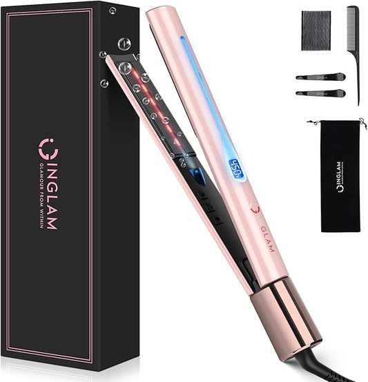 IG INGLAM Titanium Flat Iron Hair Straightener, Infrared Curling Iron 1 Inch, Negative Ionic Dual Voltage Straightener 11 Adjust Temp 250°F to 450°F, Shiny Hair 110-240V, Gift, Pink