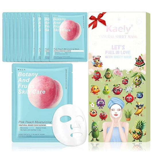 Kaely 12 Pack Peach Face Masks for Kids, Kids Face Mask Spa Day Kit Supplies, Spa Party Favors for Teens Girls Women, Sheet Facial Mask Skincare Gifts Set, Hydrating Nourish for All Skin Types, 10