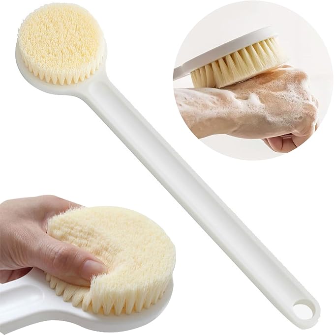 Long Handle Bath Body Brush, Back Scrubber with Soft Bristles for Exfoliating and Massage, Ergonomic, for Wet & Dry Use, Suitable for All Skin Types, 1 PCS, White