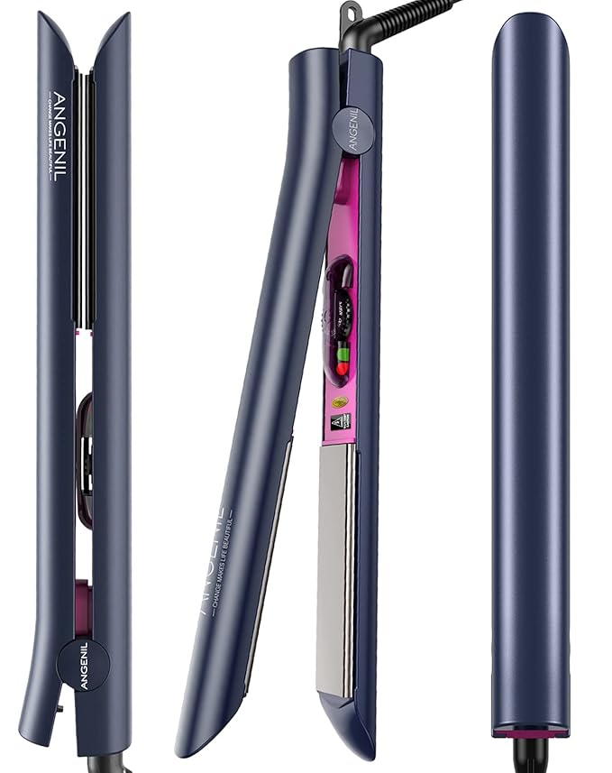 ANGENIL Professional Titanium Flat Iron 1 inch, Hair Straightener and Curler 2 in 1 with Adjustable Temp for All Hair Types, Anti-Static, Dual Voltage Travel Size with Silicone Resistant Mat Pouch