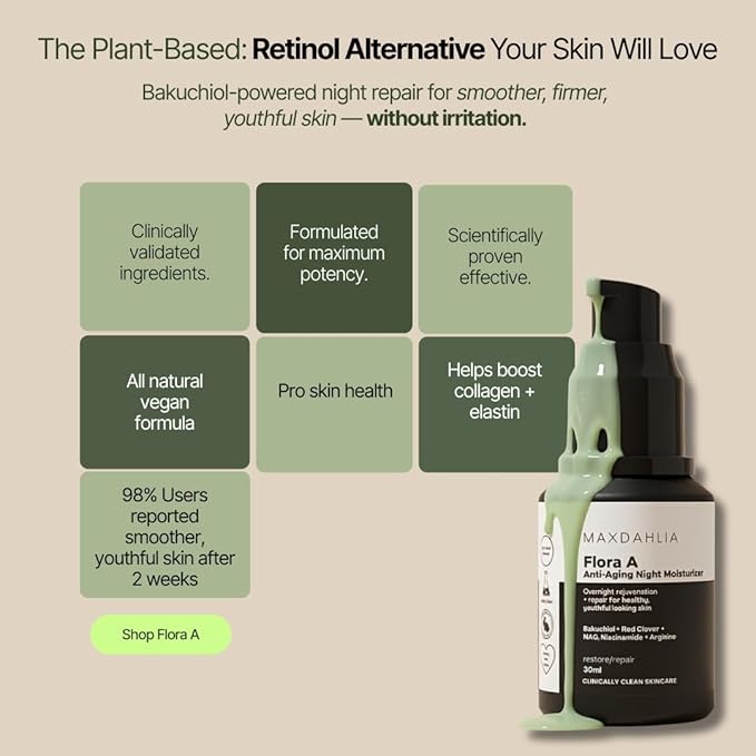 MAXDAHLIA Flora A Anti-Aging Night Moisturizer – Retinol Alternative Bakuchiol & Botanical Night Cream – Hydrating, Firming & Wrinkle-Reducing Moisturizer for Youthful Radiance