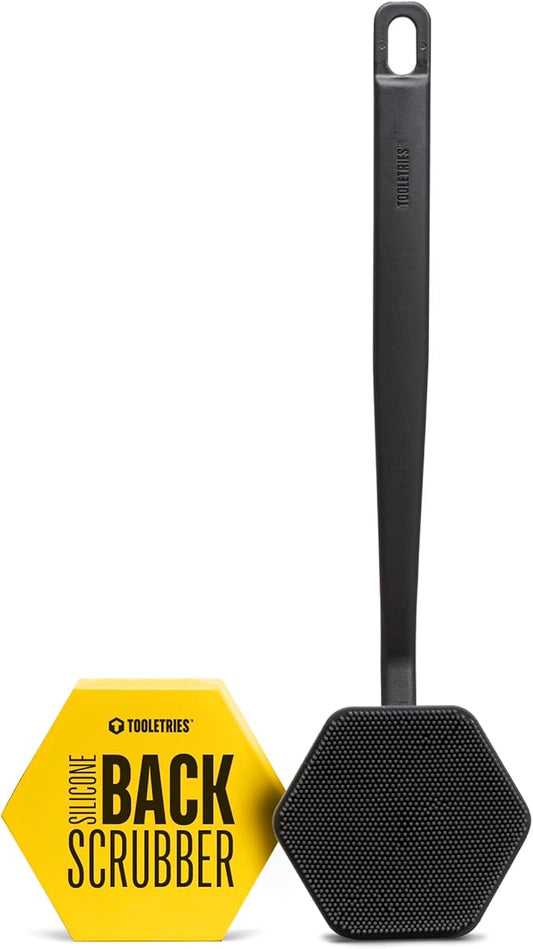 TOOLETRIES Silicone Back Scrubber - Exfoliating Shower Brush, Back Washer for Men, Durable Back Brush with Long Handle - Long Lasting Bath & Shower Accessories - Charcoal