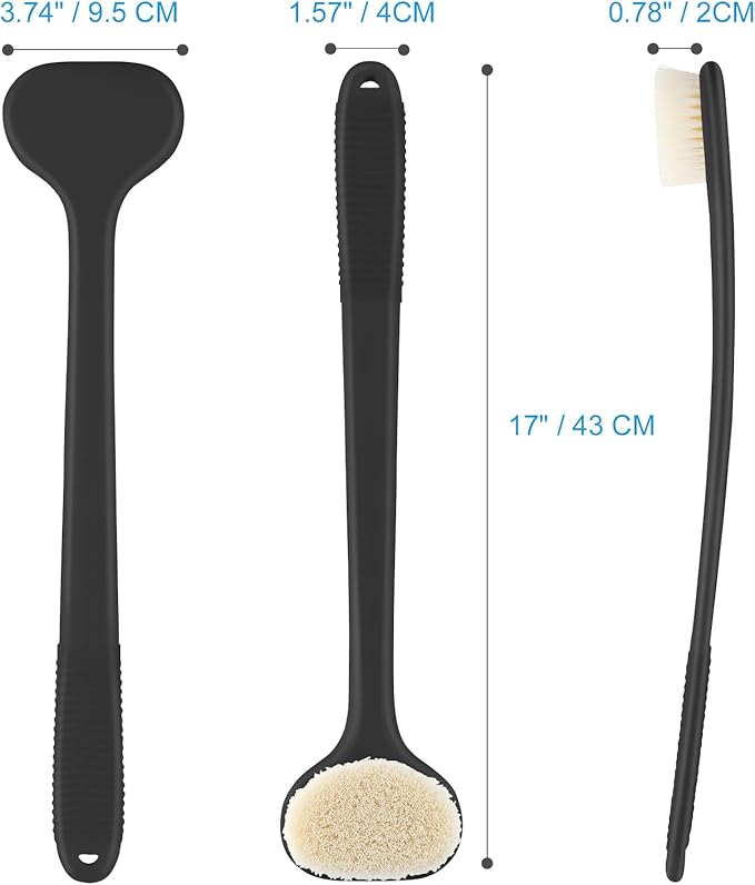VANZAVANZU Back Scrubber for Shower, Bath Brush with 17-Inch Long Anti-Slip Handle, Wet and Dry Brushing Body Brush for Body Cleansing, Back Brush for Men and Women (Black)
