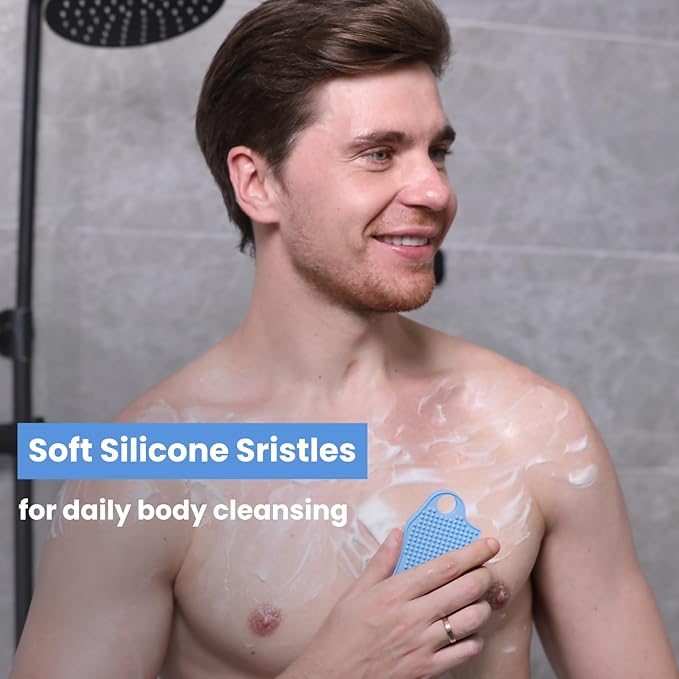 Silicone Body Scrubber Silver-Infused Dual-Sided 3-in-1 for Shower, Body Cleaning+Massage+Exfoliator Body Brush Buffer for Men and Women, Silicone Loofah, Non-Slip Handle (Sky Blue)