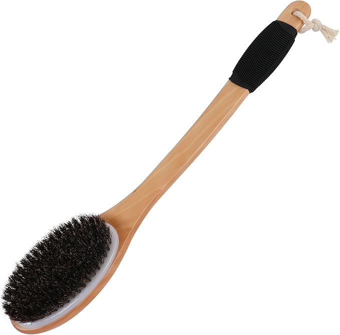 OWIIZI Horsehair Bath Brush Wooden Curved Long Handle Antiskid Shower Brush for Exfoliating, Natural Mane Scrubber for Back Use Wet or Dry,Back Scrub Deep Cleanse-17.2inches