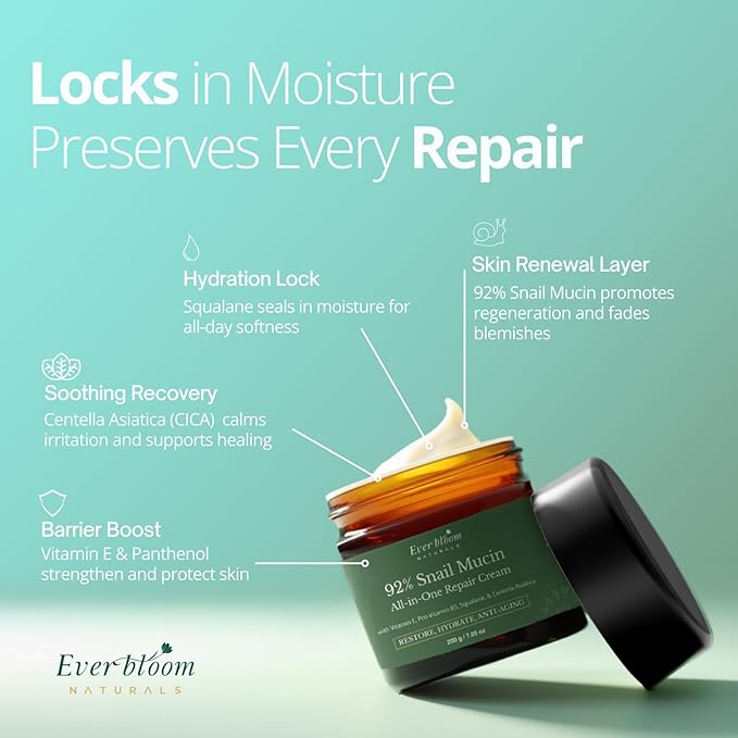 92% Snail Mucin Face Moisturizer Cream Large 7oz with CICA, Squalane & Vitamin E, Hydrating Korean Skin Care, Repair Cream for Soft and Glowy Skin, Acne Skin Care, Centella Asiatica