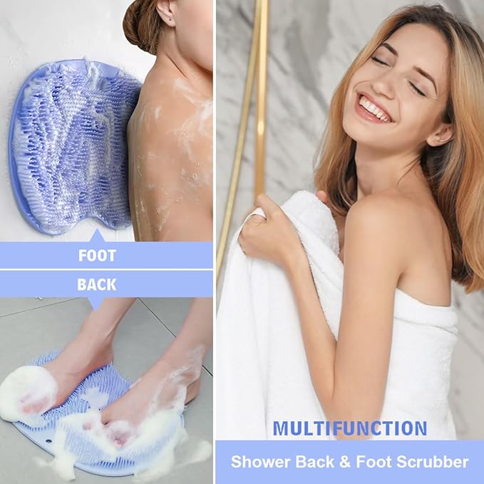 1 Pcs Shower Back & Foot Scrubber, Wall Mounted Back Scrubber Silicone Bath Massage Cushion Brush with Suction Cups, Bathroom Wash Mat Exfoliating Dead Skin Brush (L-Grey)