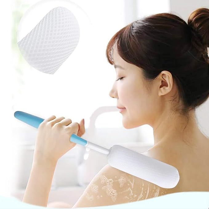 15.35" Curved Bath Body Brush Anti-Slip Long Handle Sponge Shower Back Brush for Elderly Pregnant People